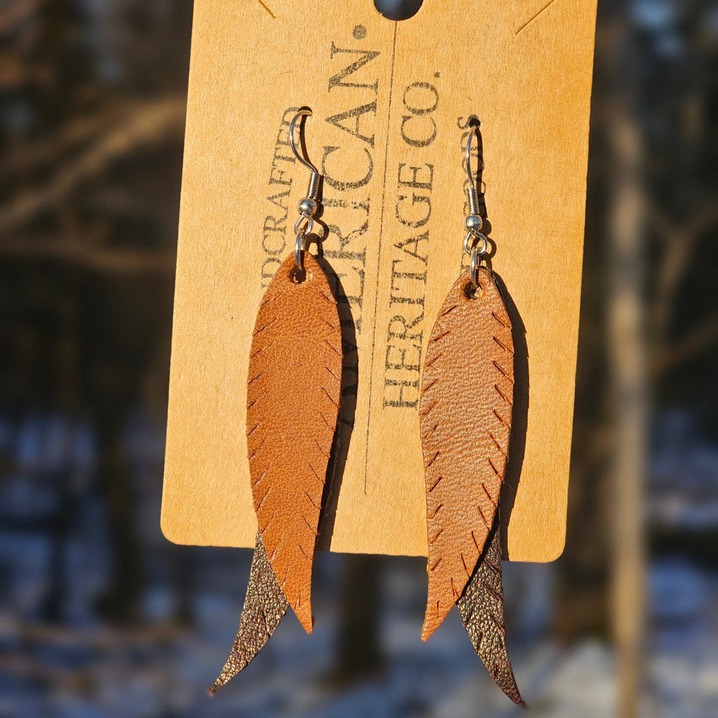 Double Feather Earrings, Buck Brown on Black