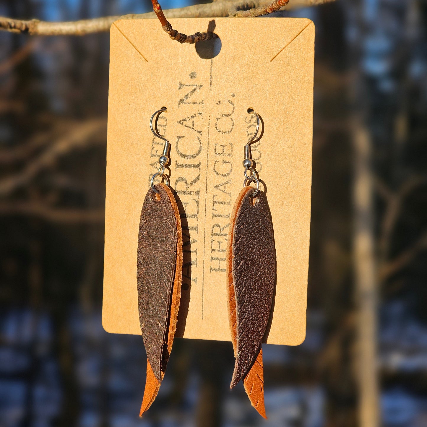 Double Feather Earrings, Black on Buck Brown