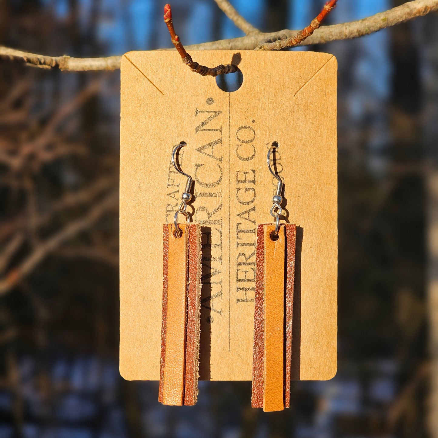 Double Leather Earrings, Buck Brown on Whisky Brown