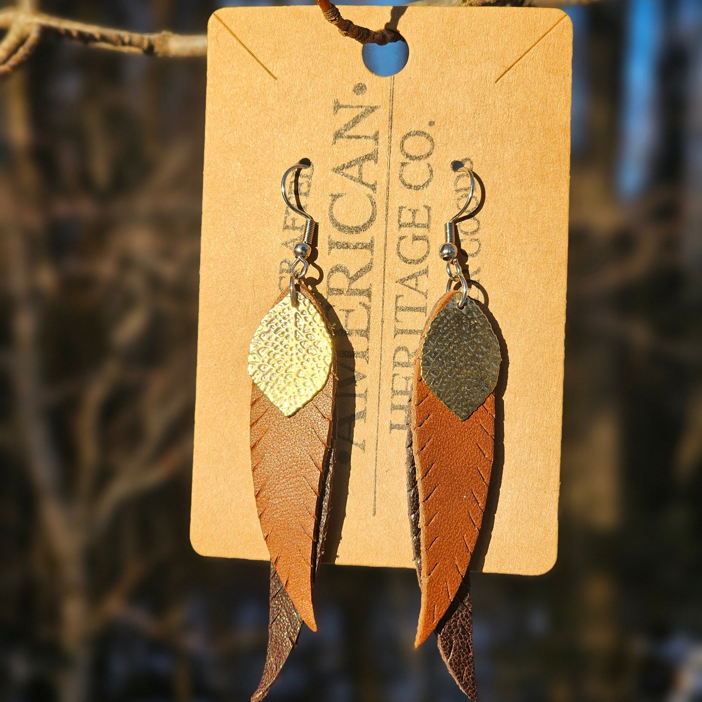 Double Feather Earrings, Buck Brown on Black with Gold Leaf