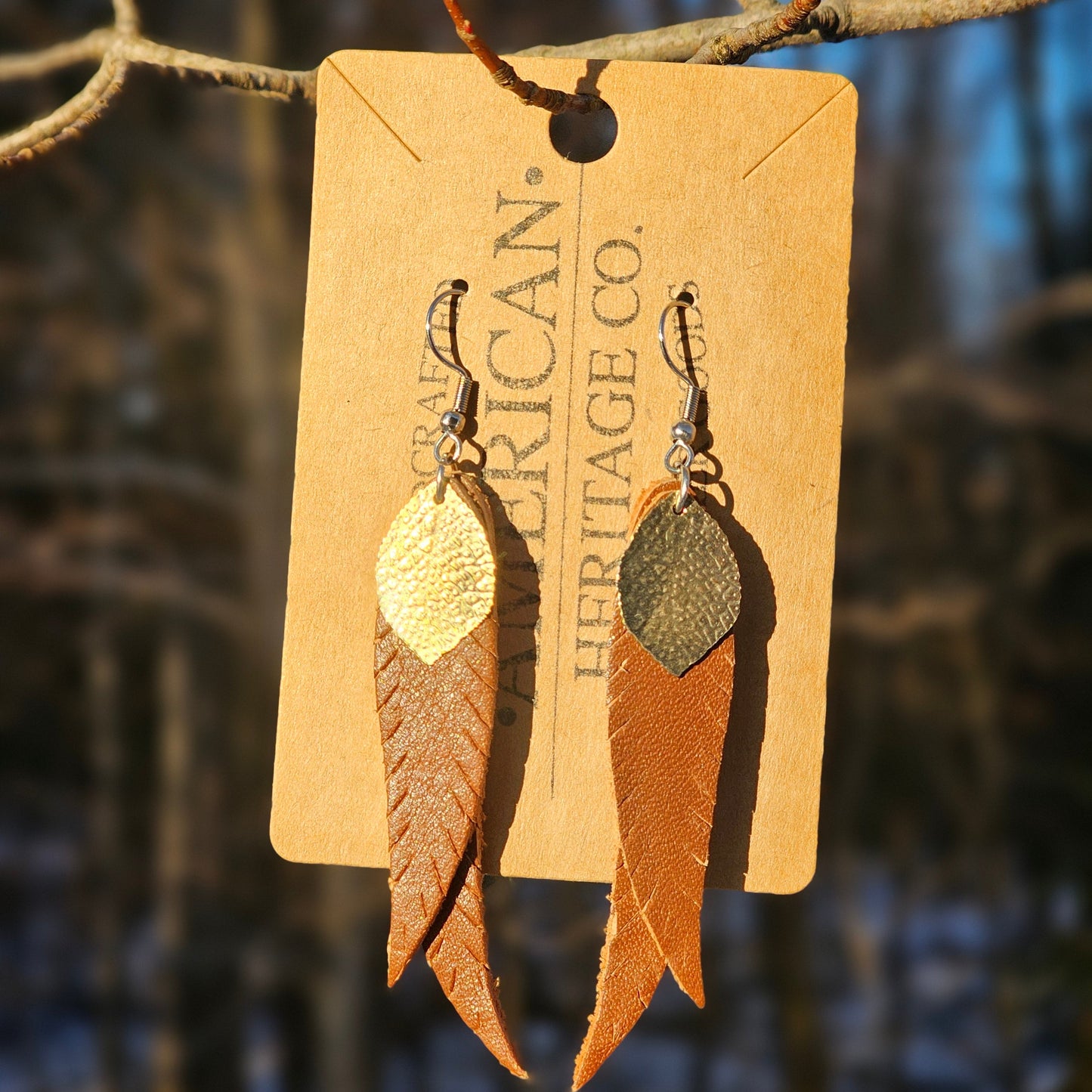 Double Feather Earrings, Buck Brown with Gold Leaf