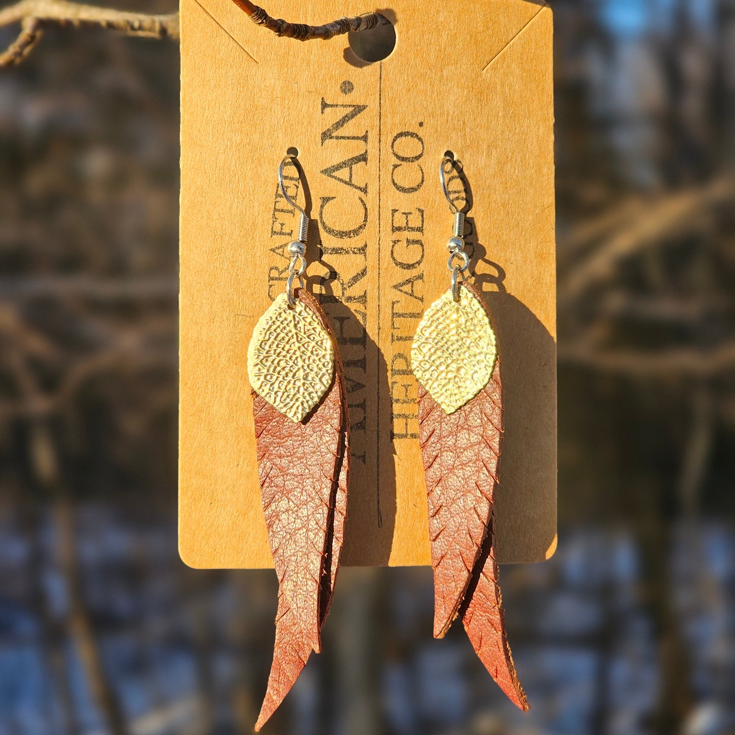 Double Feather Earrings, Mahogany with Gold Leaf