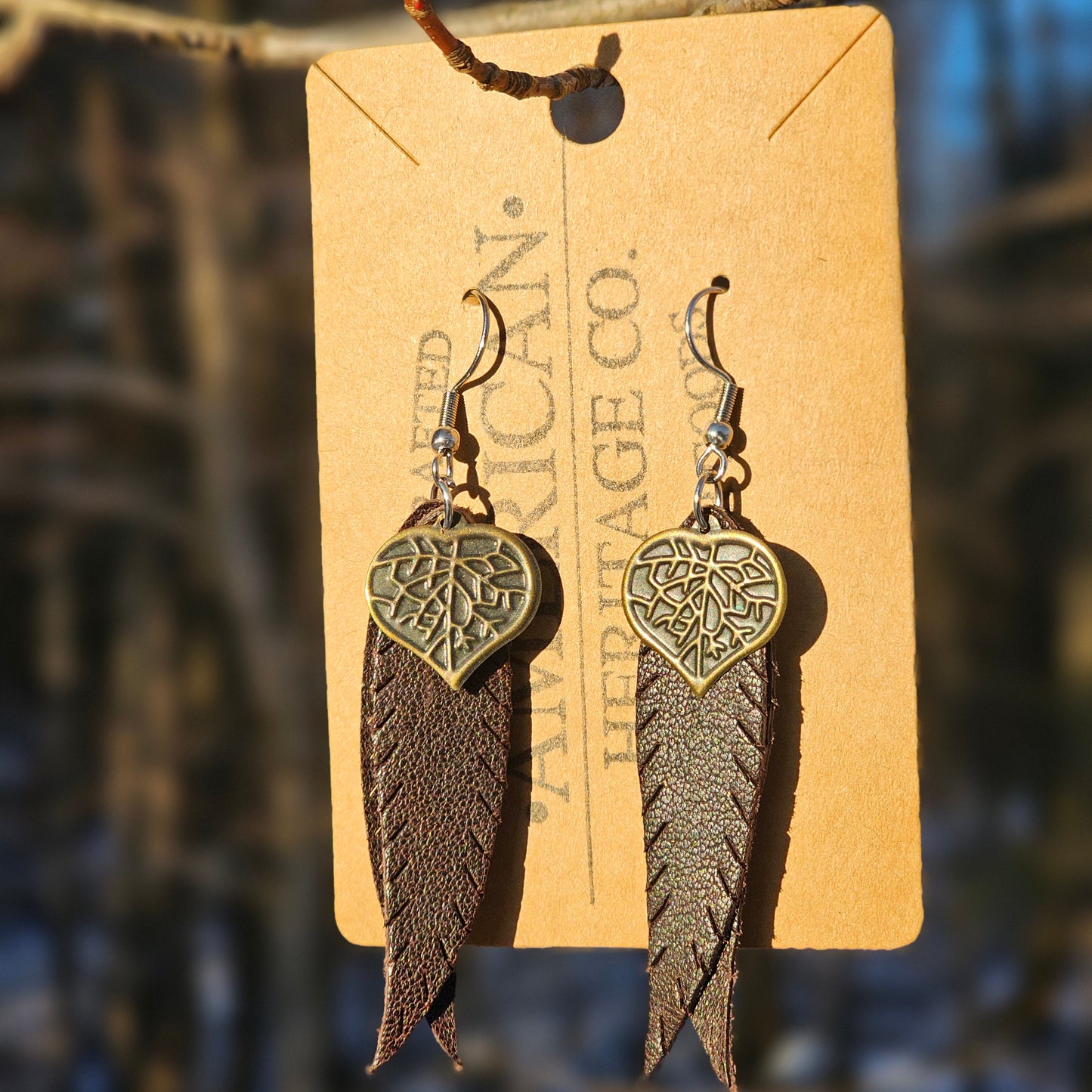 Double Feather Earrings, Black with Heart