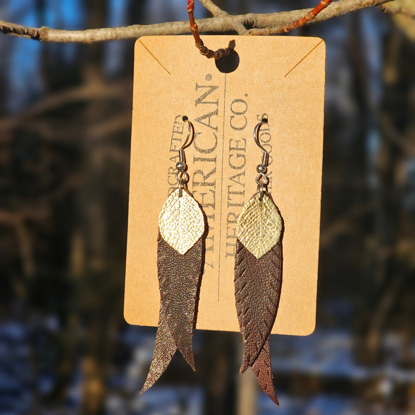 Double Feather Earrings, Black with Gold Leaf