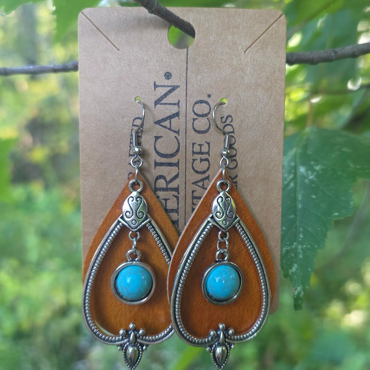 Teardrop Earrings, Light Brown with Turquoise Charm