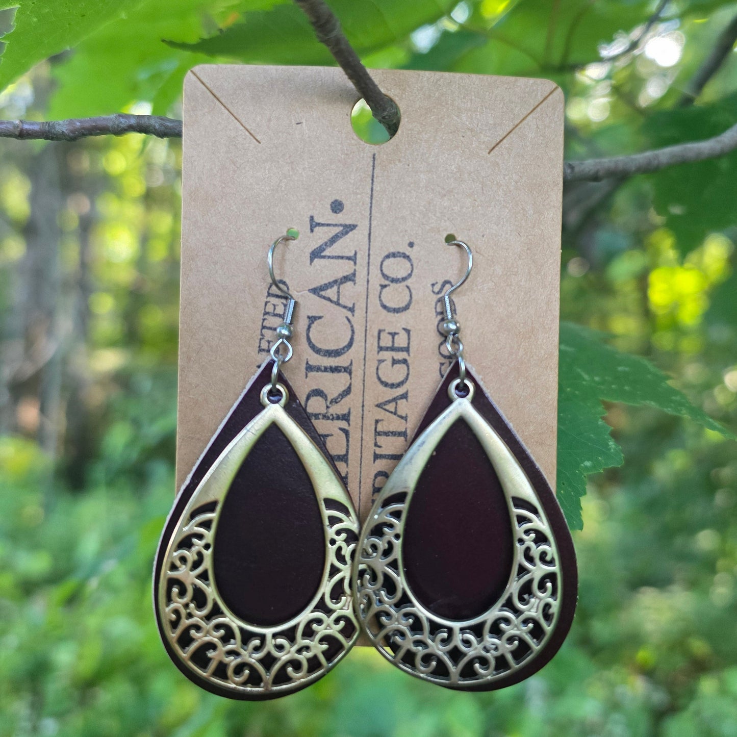 Teardrop Earrings, Burgundy with Gold accent