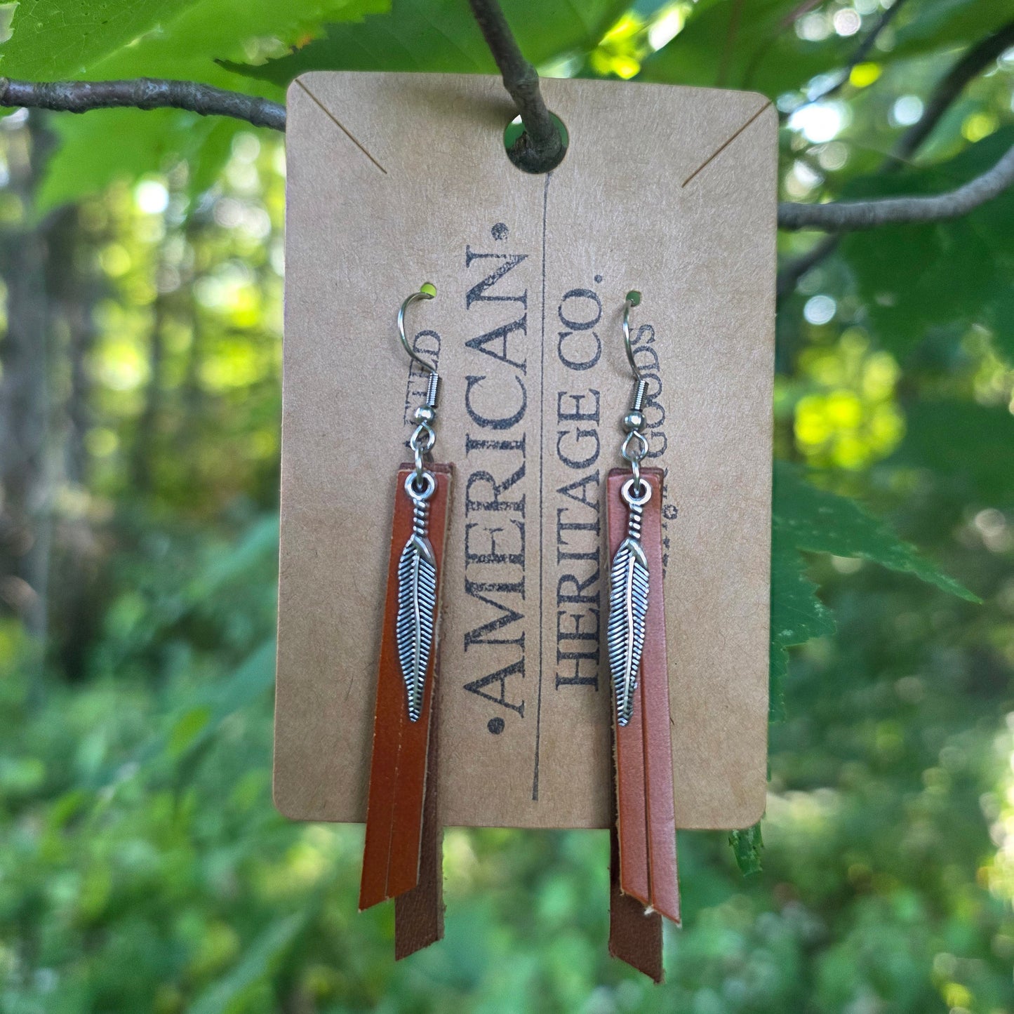 Fringe Earrings, Light Brown on Dark Brown with Feather Charm