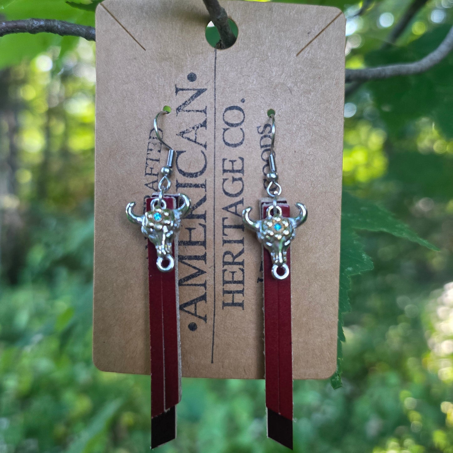 Fringe Earrings, Mahogany on Burgundy with Bull Charm