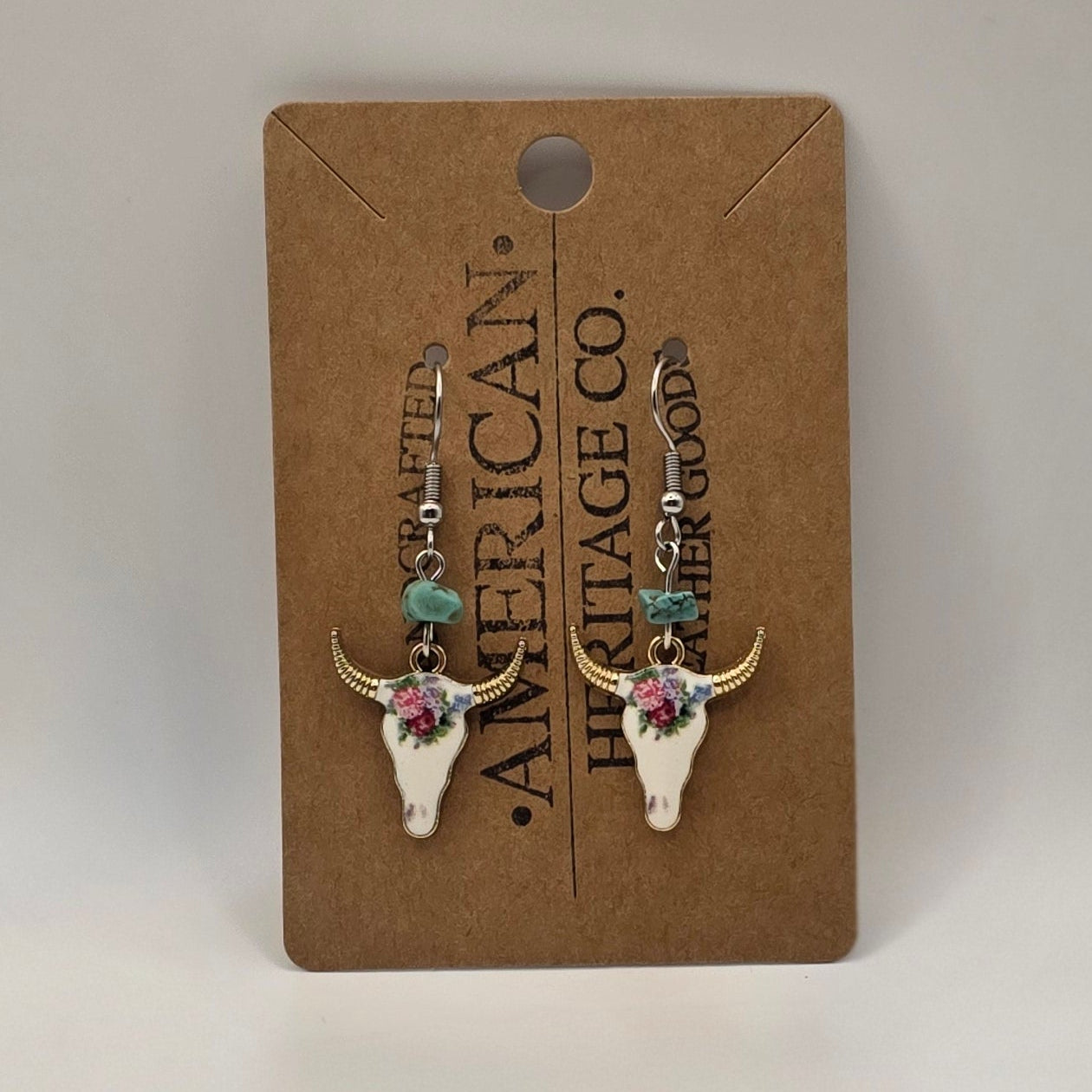 Western Bull Earrings with flowers turquoise and surgical steel post #203