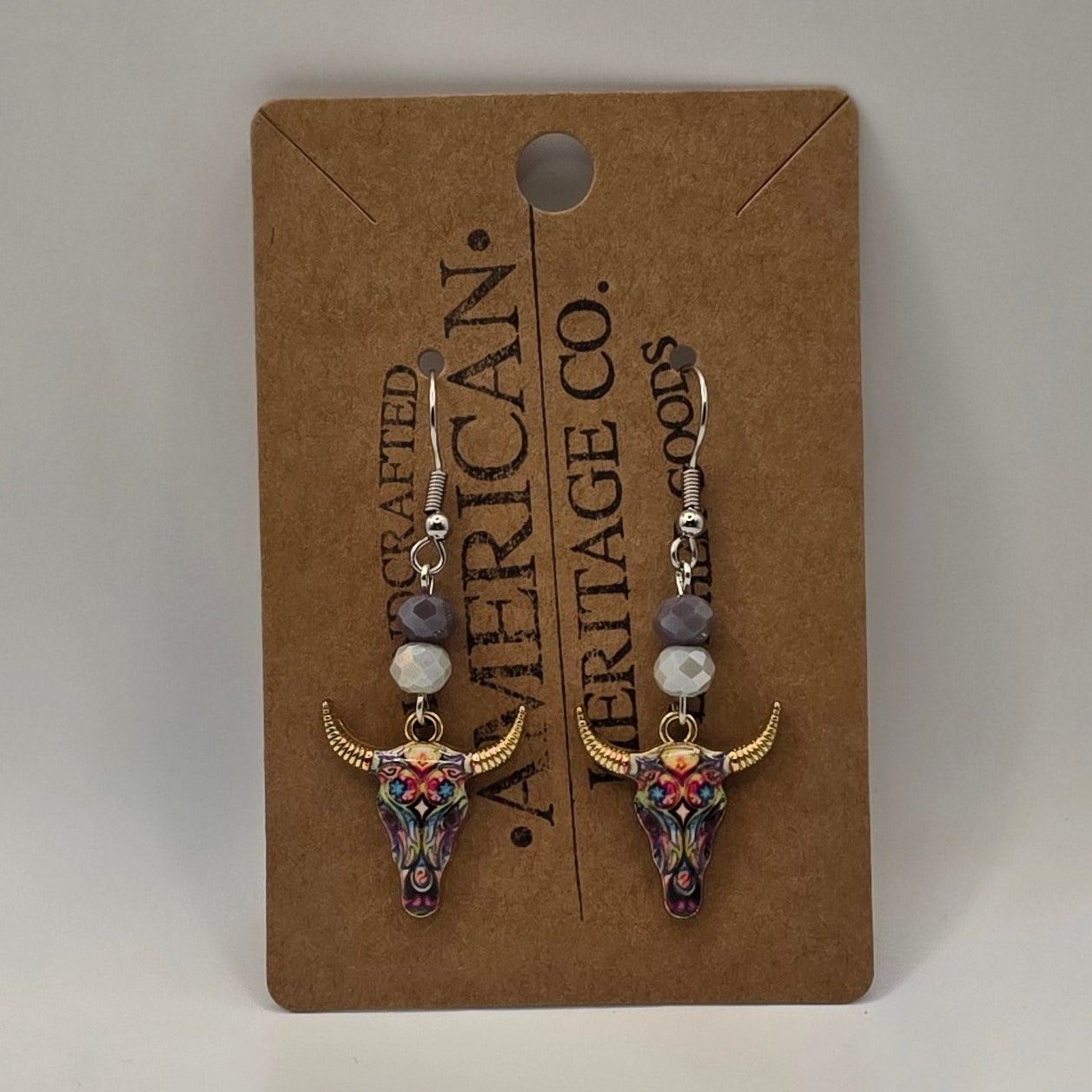 Western Bull Earrings with flowers, purple beads and surgical steel post #207
