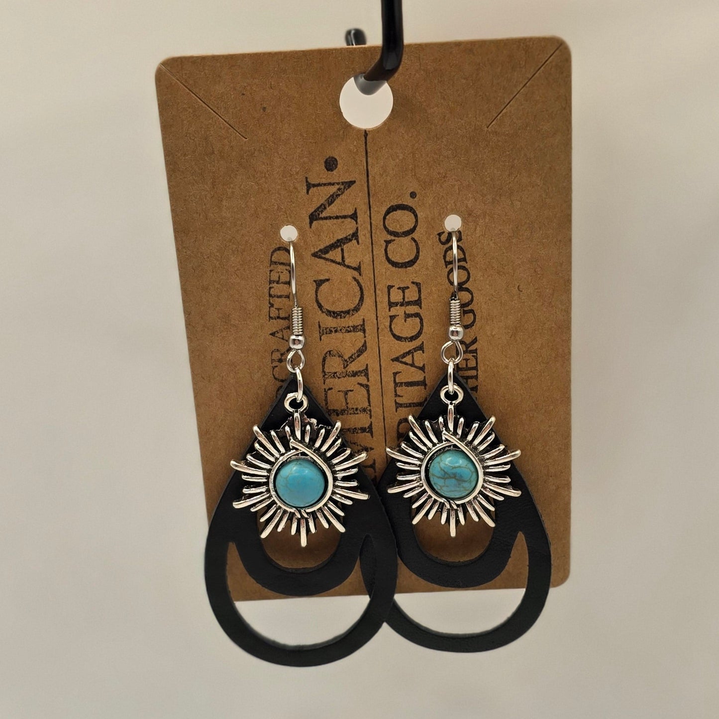 Black Open Teardrop Leather, Turquoise Charm with Surgical Steel Post #236