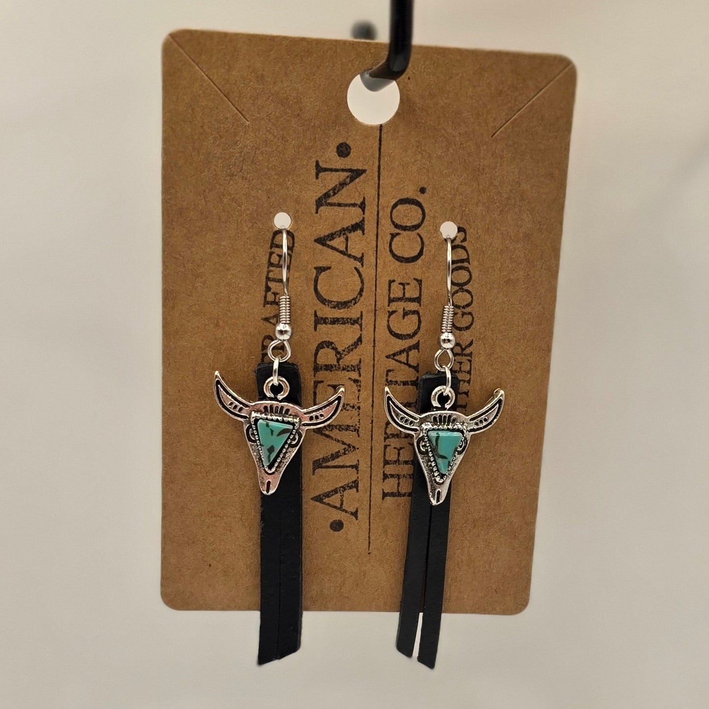 Black Leather Fringe, Turquoise Bull Charm with Surgical Steel Post #240