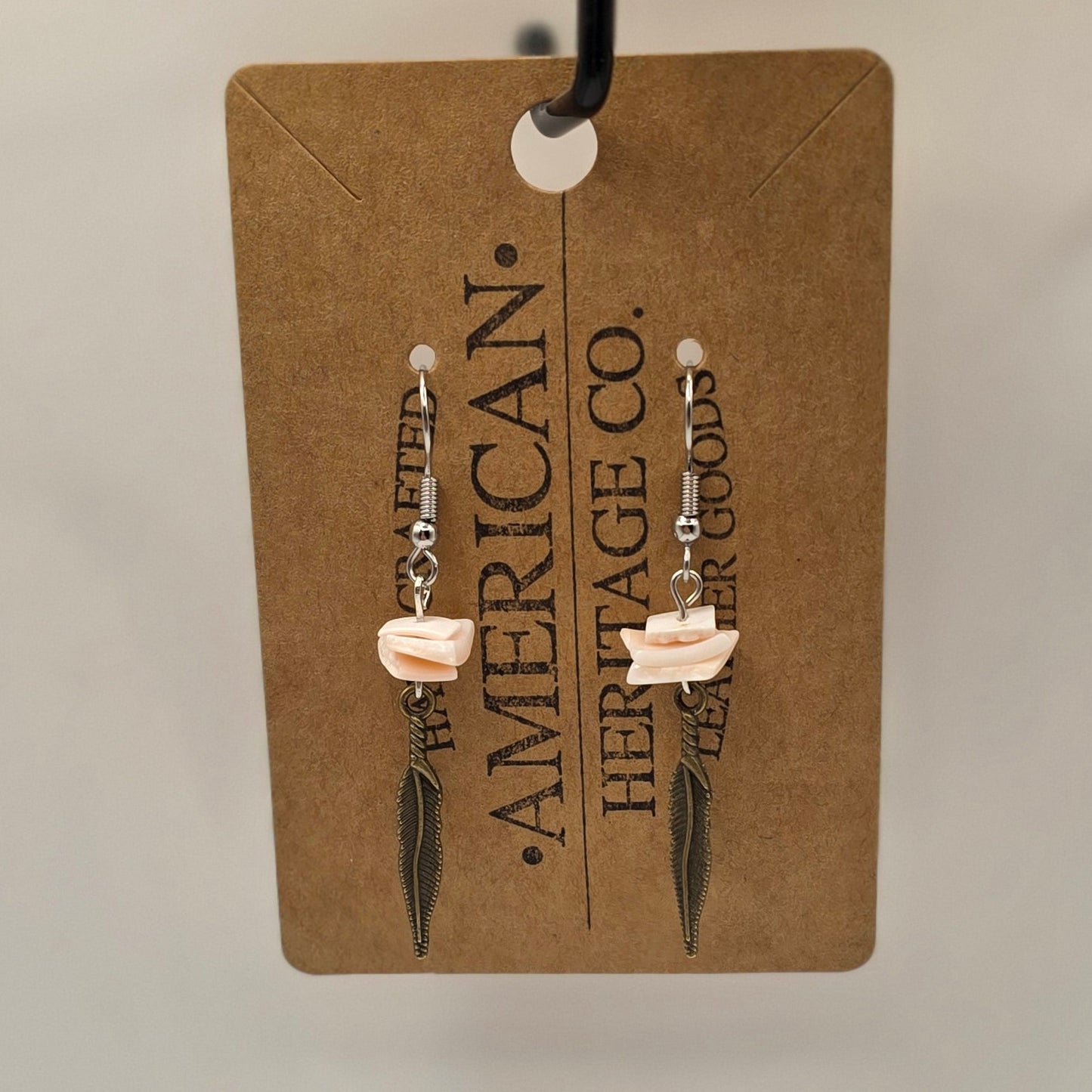 Bronze Feather, Coral Puka Shells with Surgical Steel Post #250