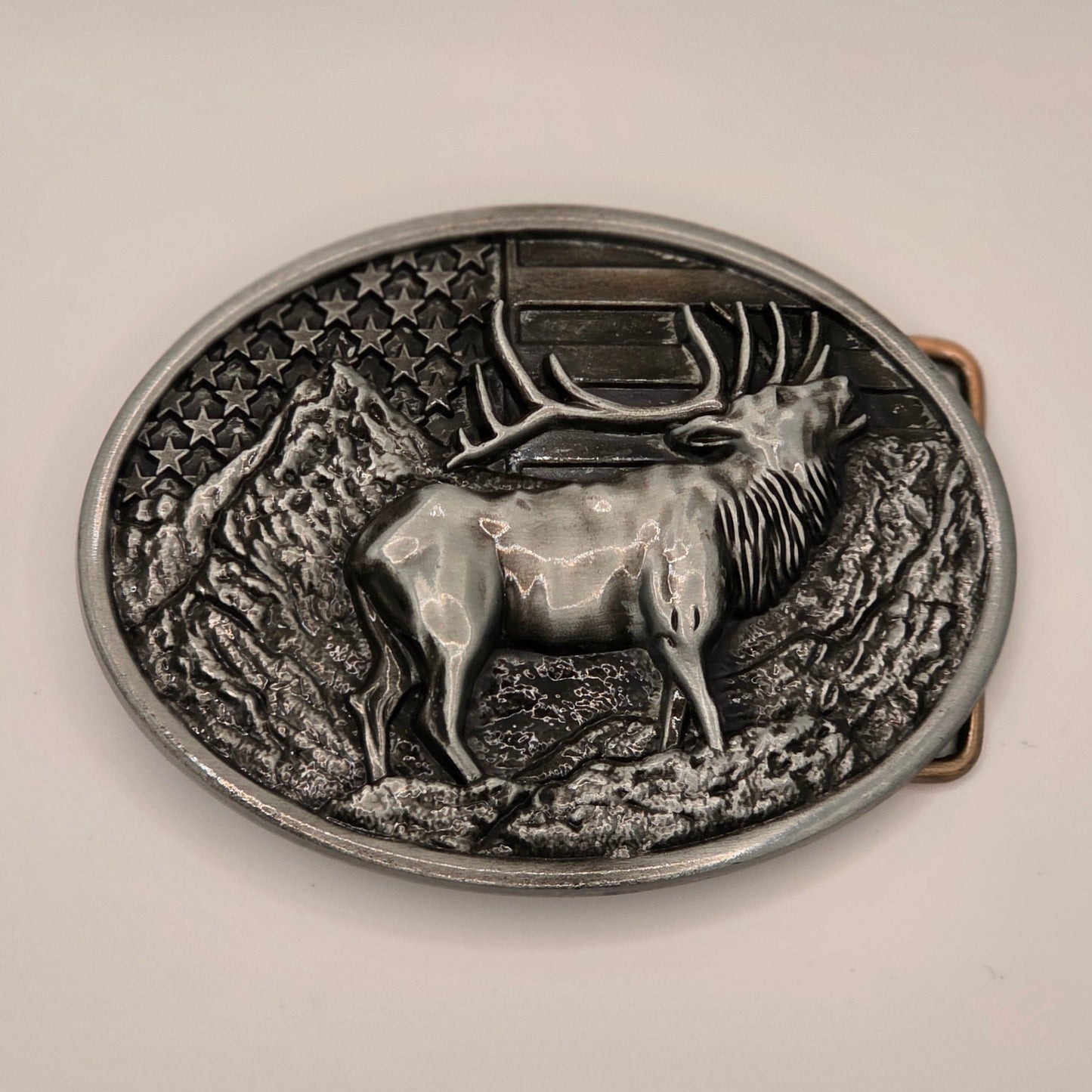Elk with American Flag - Western Novelty Style Belt Buckle #322
