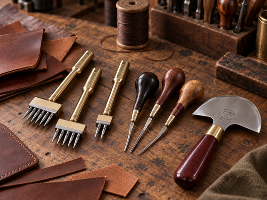 Leathercraft tools arranged on a rustic workbench with leather scraps, thread, and a round knife