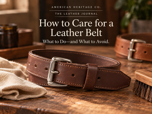 American Heritage Co. leather belt on a rustic workbench with cloth and leather care brush