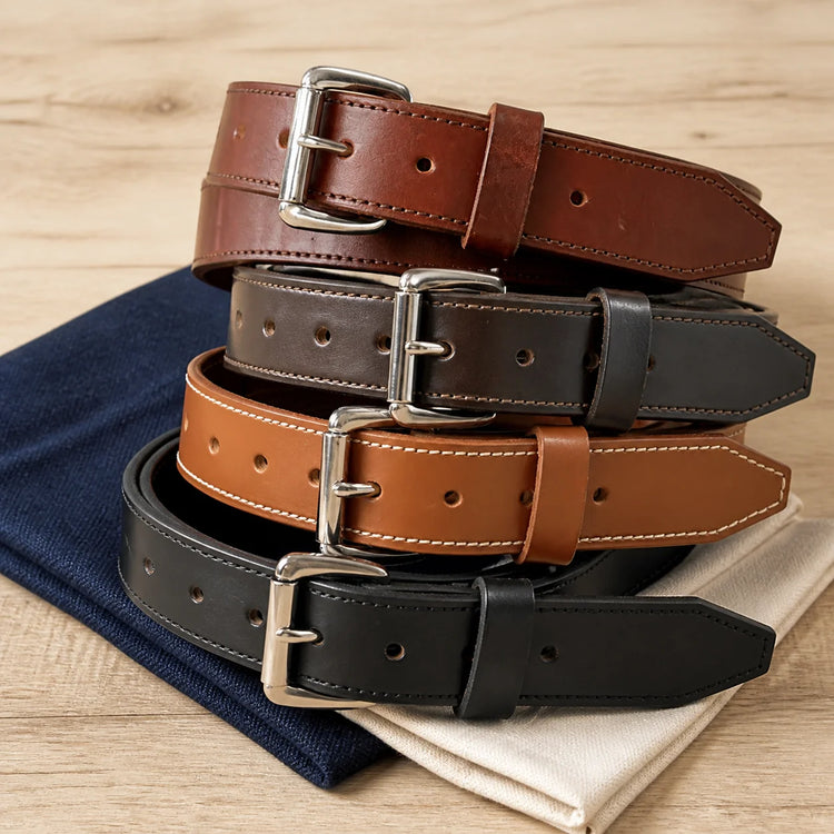 Four American Signature leather belts in brown, tan, and black with silver buckles
