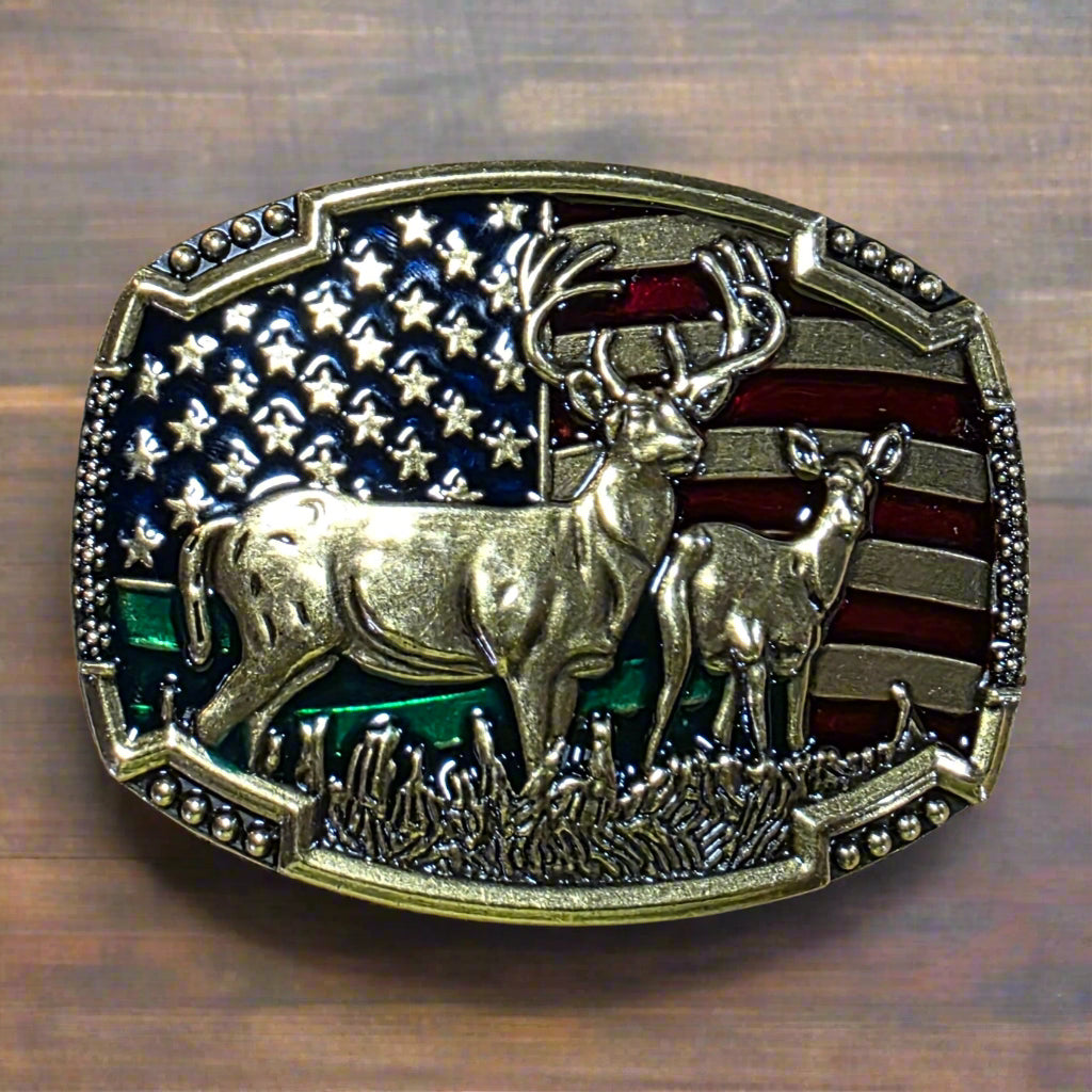 Deer American Flag - Western Belt Buckle