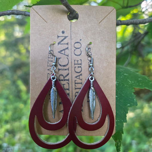 Open Teardrop Earrings, Mahogany with feather