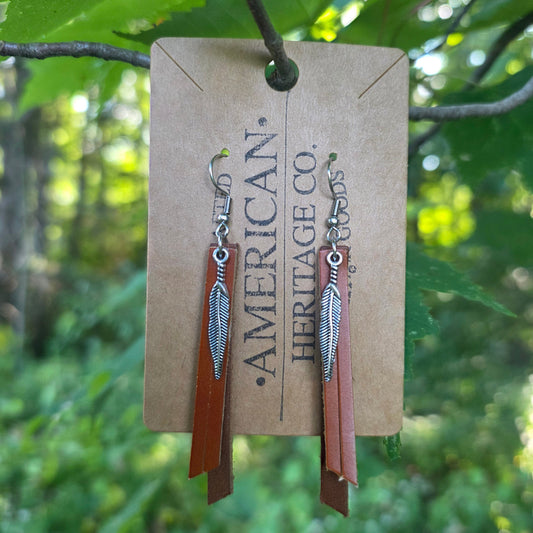 Fringe Earrings, Light Brown on Dark Brown with Feather Charm