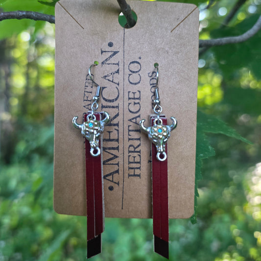 Fringe Earrings, Mahogany on Burgundy with Bull Charm