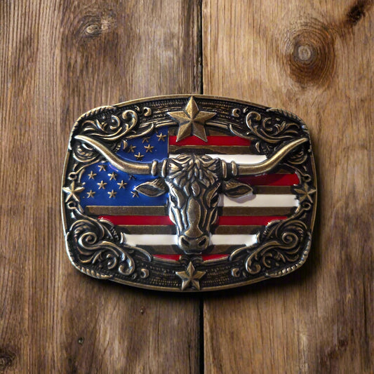 Longhorn with colored American Flag- Western Style Belt Buckle