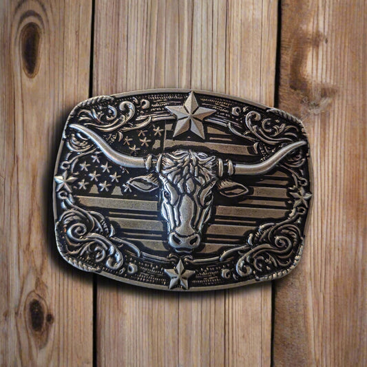 Silver American Flag Long Horn- Western Style Belt Buckle