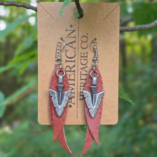Double Feather with Arrowhead Earrings, Mahogany