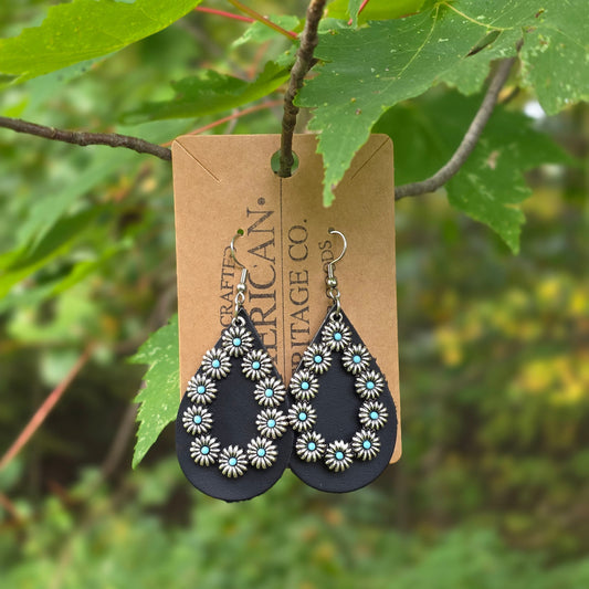 Teardrop Earrings, Black with Flower Teardrop Pendant