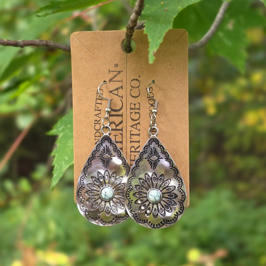 Teardrop Earrings, Metal with Turquoise Pendant