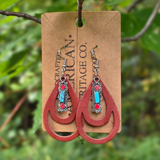 Open Teardrop Earrings, Mahogany with Turquoise and Red Charm