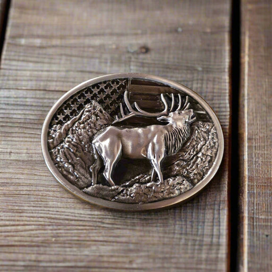 Elk with American Flag - Western Style Belt Buckle