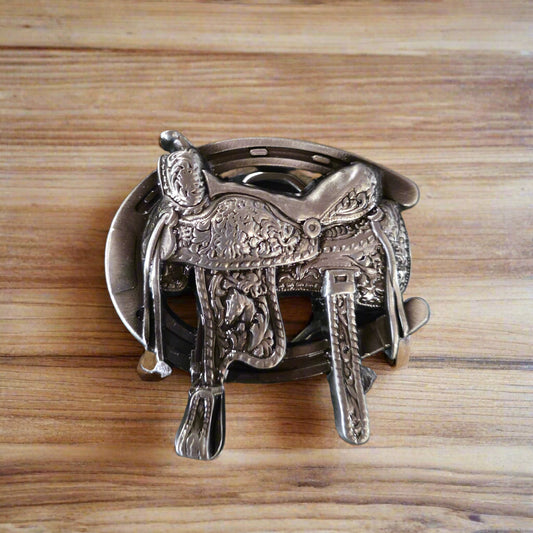 Western Saddle with Horse Shoe- Western Style Belt Buckle