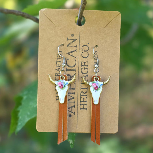 Leather Fringe Earrings,  Light Brown with Flower Bull