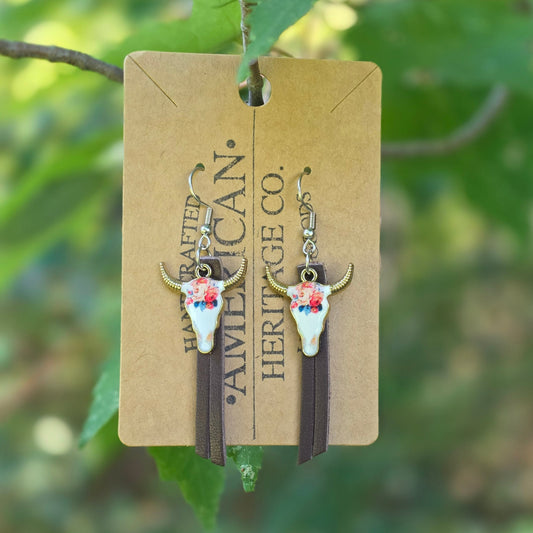 Leather Fringe Earrings, Dark Brown with Flower Bull