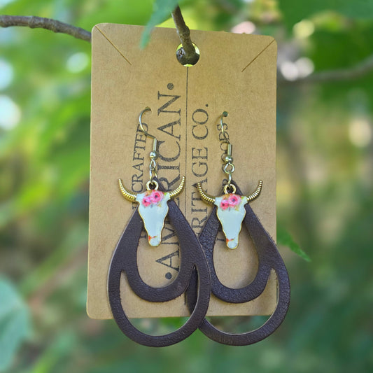 Double Loop Leather Earrings,  Dark Brown with Flower Bull