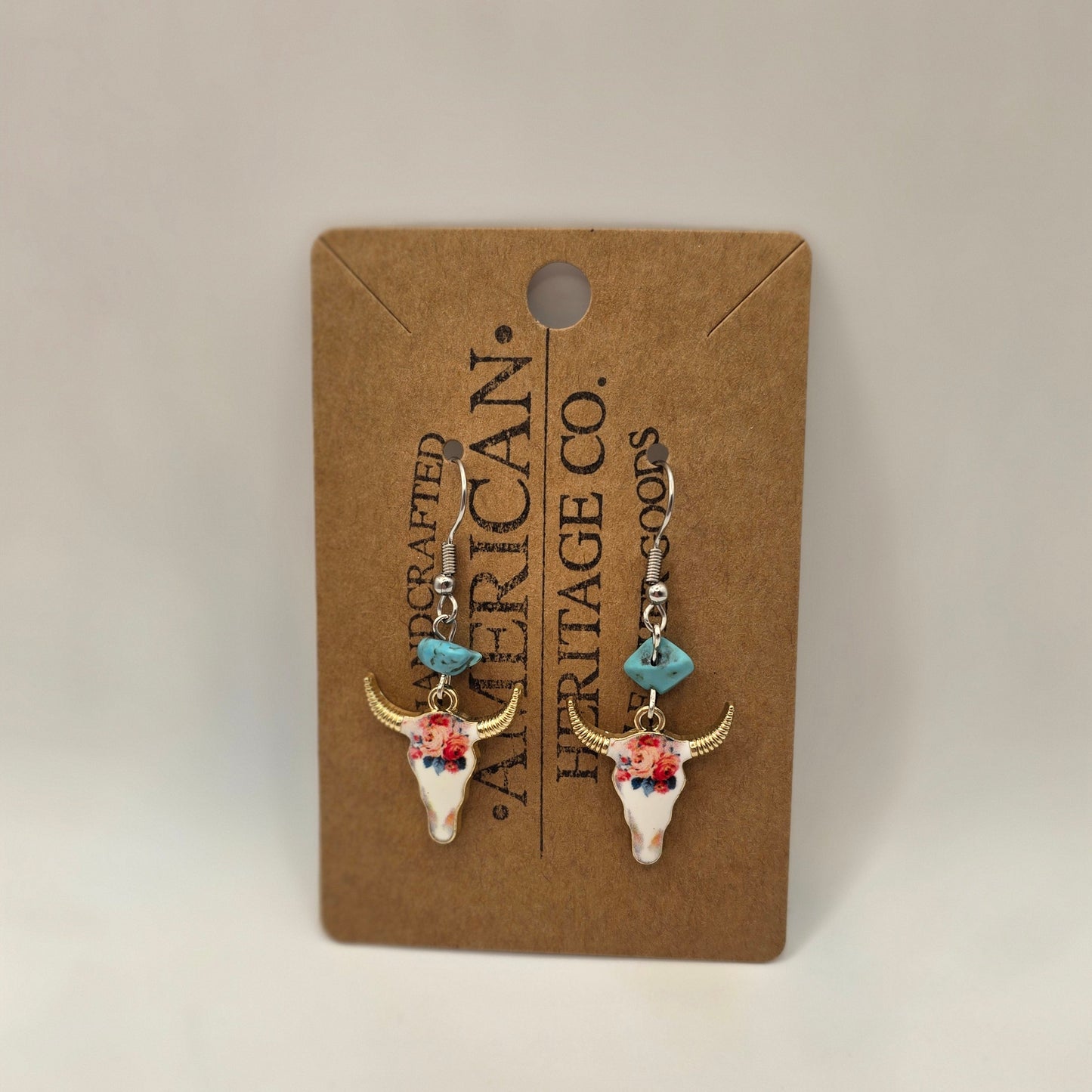 Western Bull Earrings with flowers turquoise and surgical steel post #200
