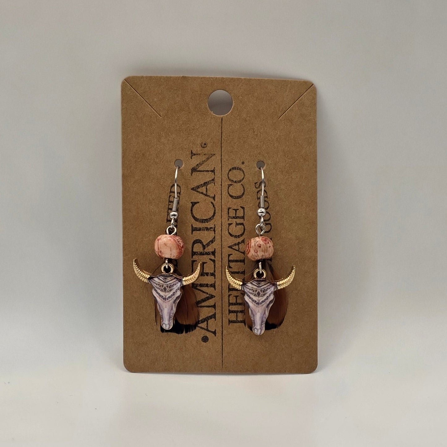 Western Bull Earrings with feather and surgical steel post #201