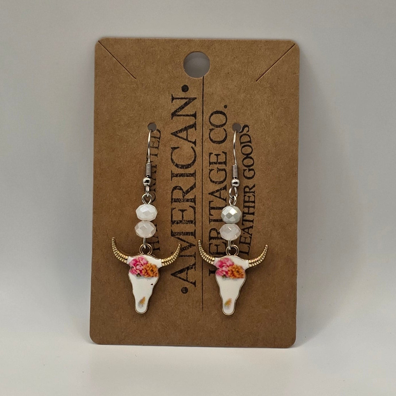 Western Bull Earrings with flowers white and surgical steel post #204
