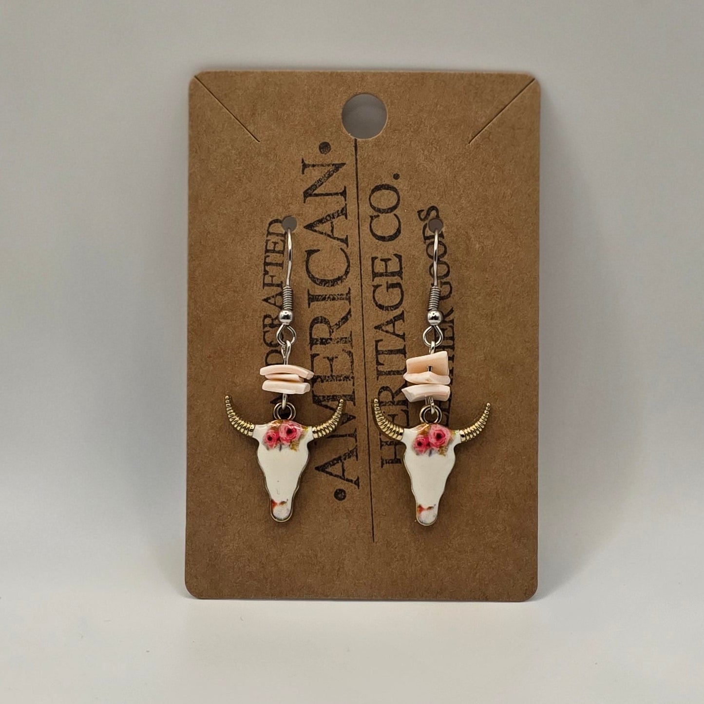 Western Bull Earrings with flowers, coral puka beads and surgical steel post #205