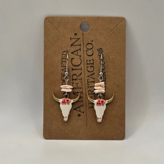 Western Bull Earrings with flowers, coral puka beads and surgical steel post #205