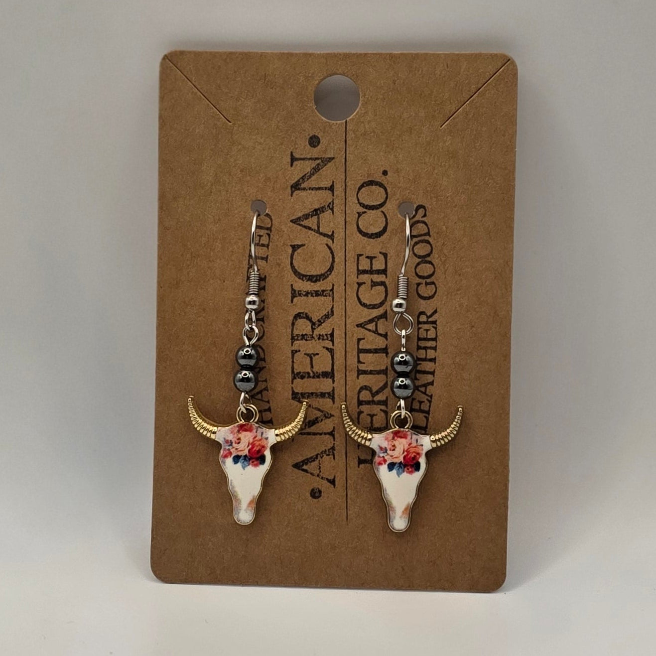 Western Bull Earrings with flowers, steel grey beads and surgical steel post #206