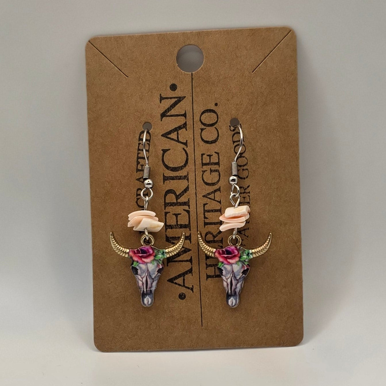 Western Bull Earrings with flowers, coral puka shells and surgical steel post #208