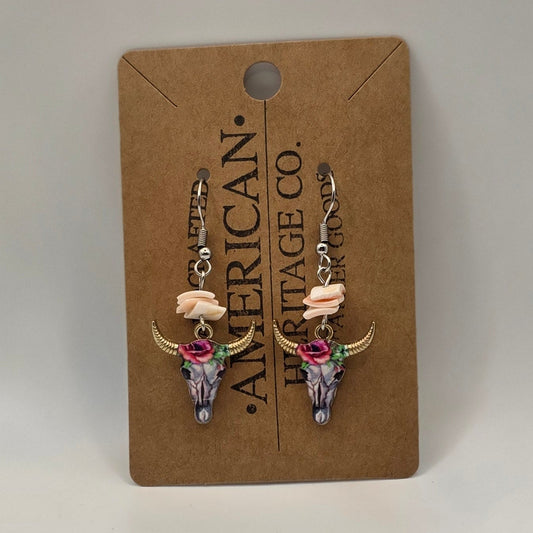 Western Bull Earrings with flowers, coral puka shells and surgical steel post #208