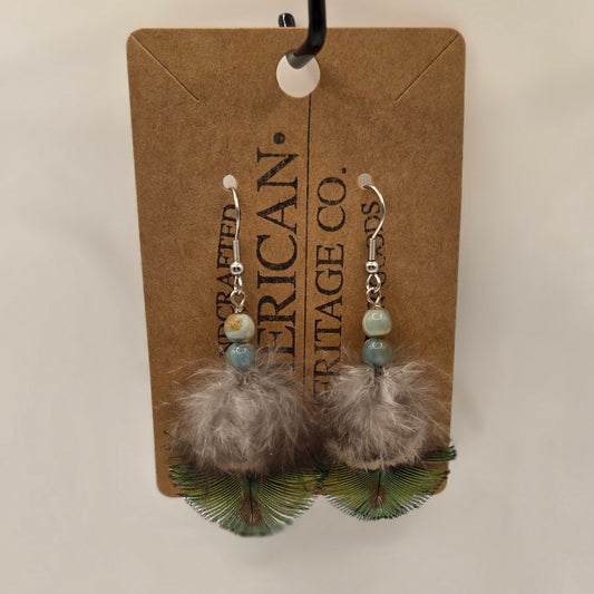 Peacock Feather, Blue Beads with Surgical Steel Post #218