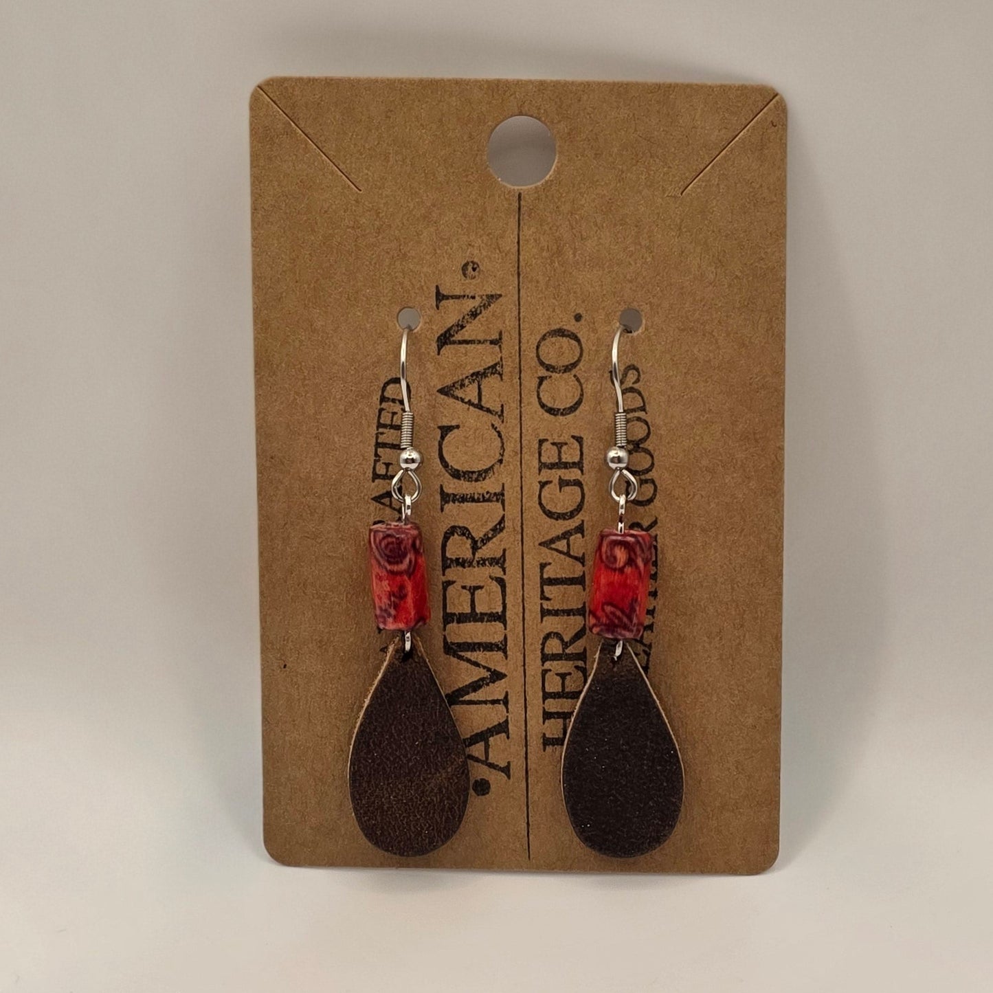 Leather Teardrop, Red Wood Bead with Surgical Steel Post #220