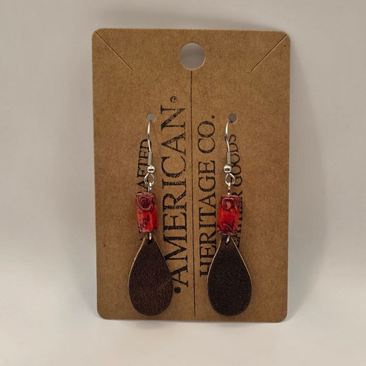 Leather Teardrop, Red Wood Bead with Surgical Steel Post #220