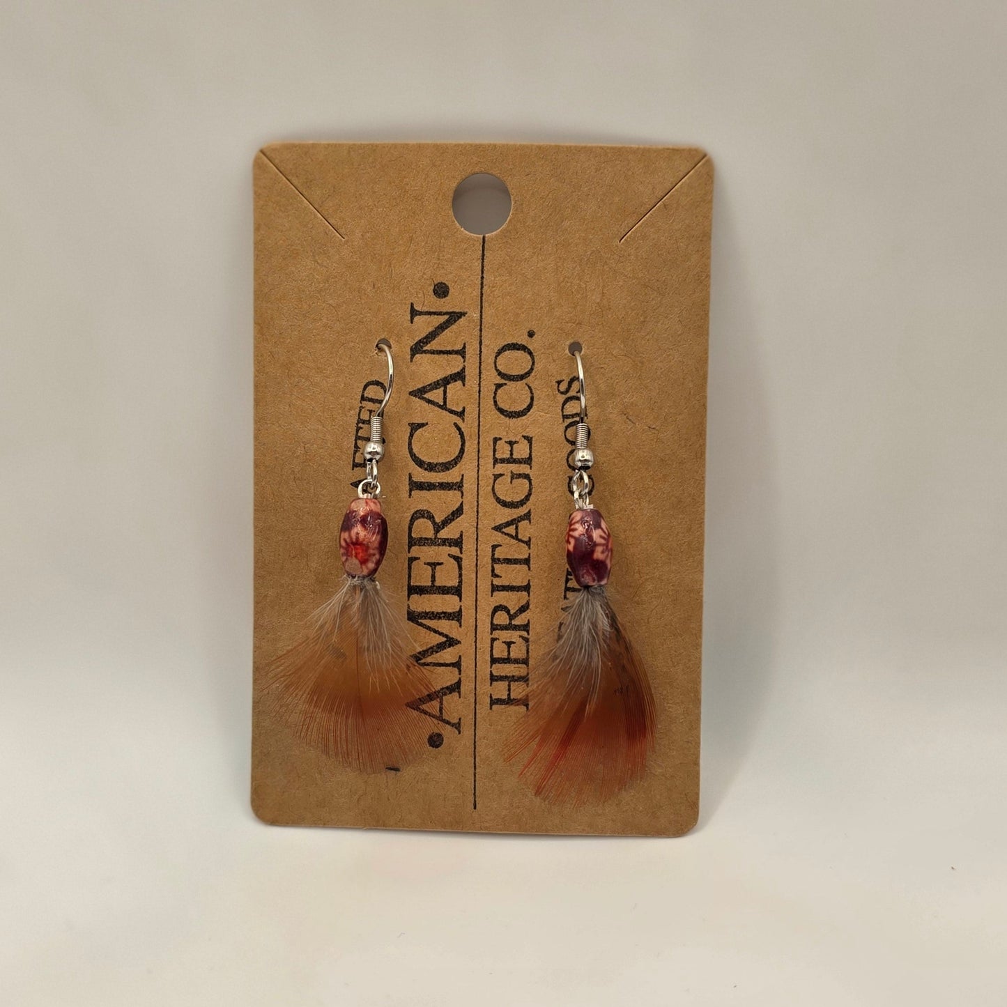 Red Feather, Red Wood Bead with Surgical Steel Post #222