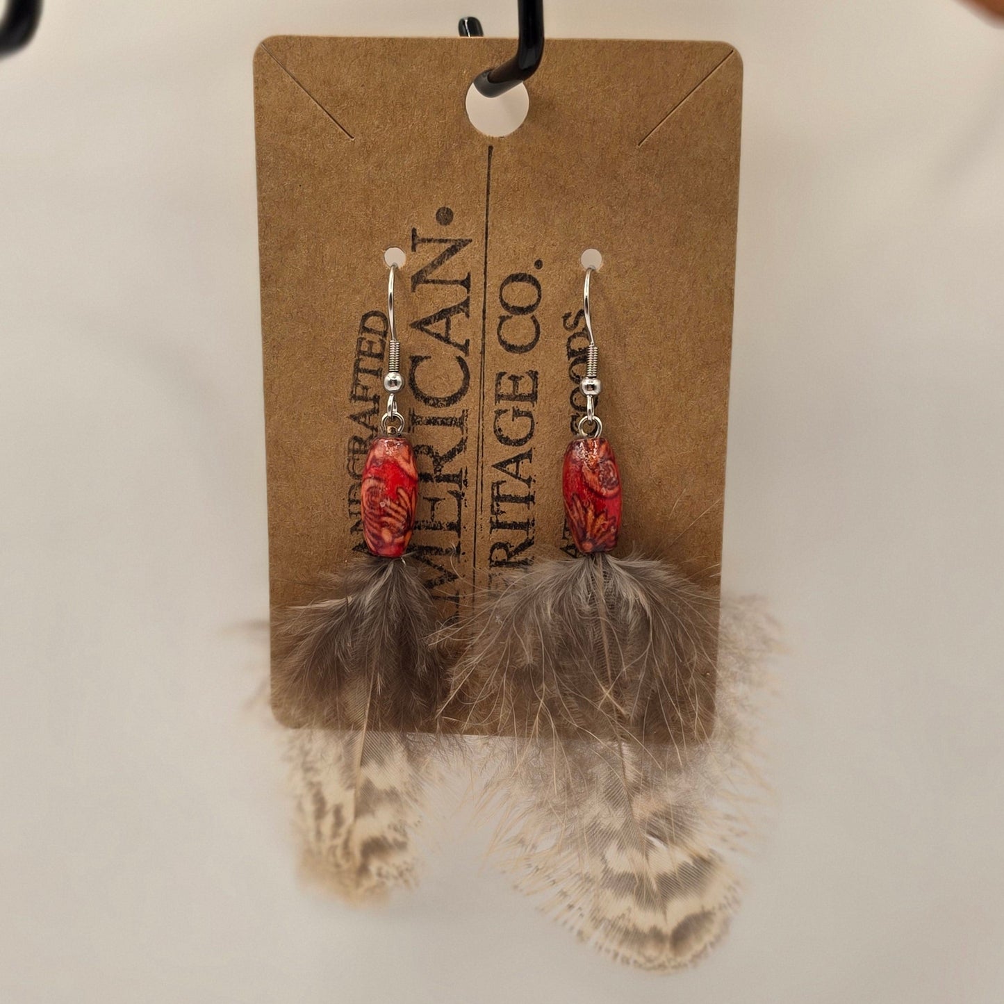 Feather, Red Wood Bead with Surgical Steel Post #226