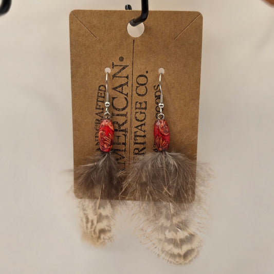 Feather, Red Wood Bead with Surgical Steel Post #226